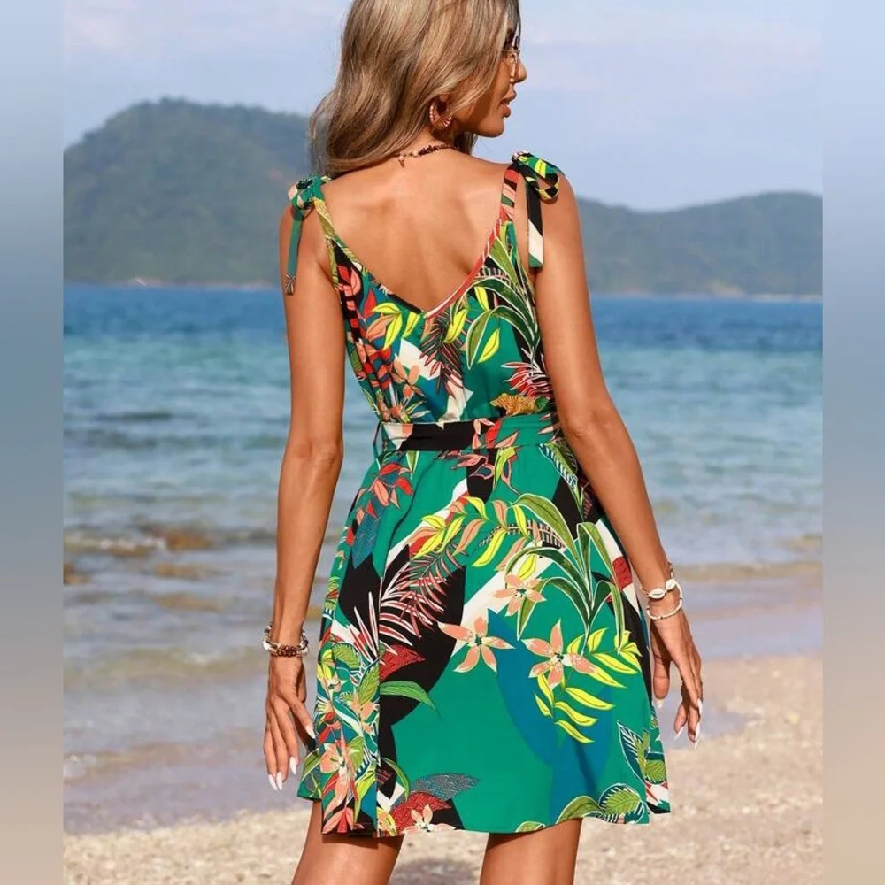 SHEIN VCAY Vacation Tropical Printed Spaghetti Strap Dress Size Large - Picture 4 of 13
